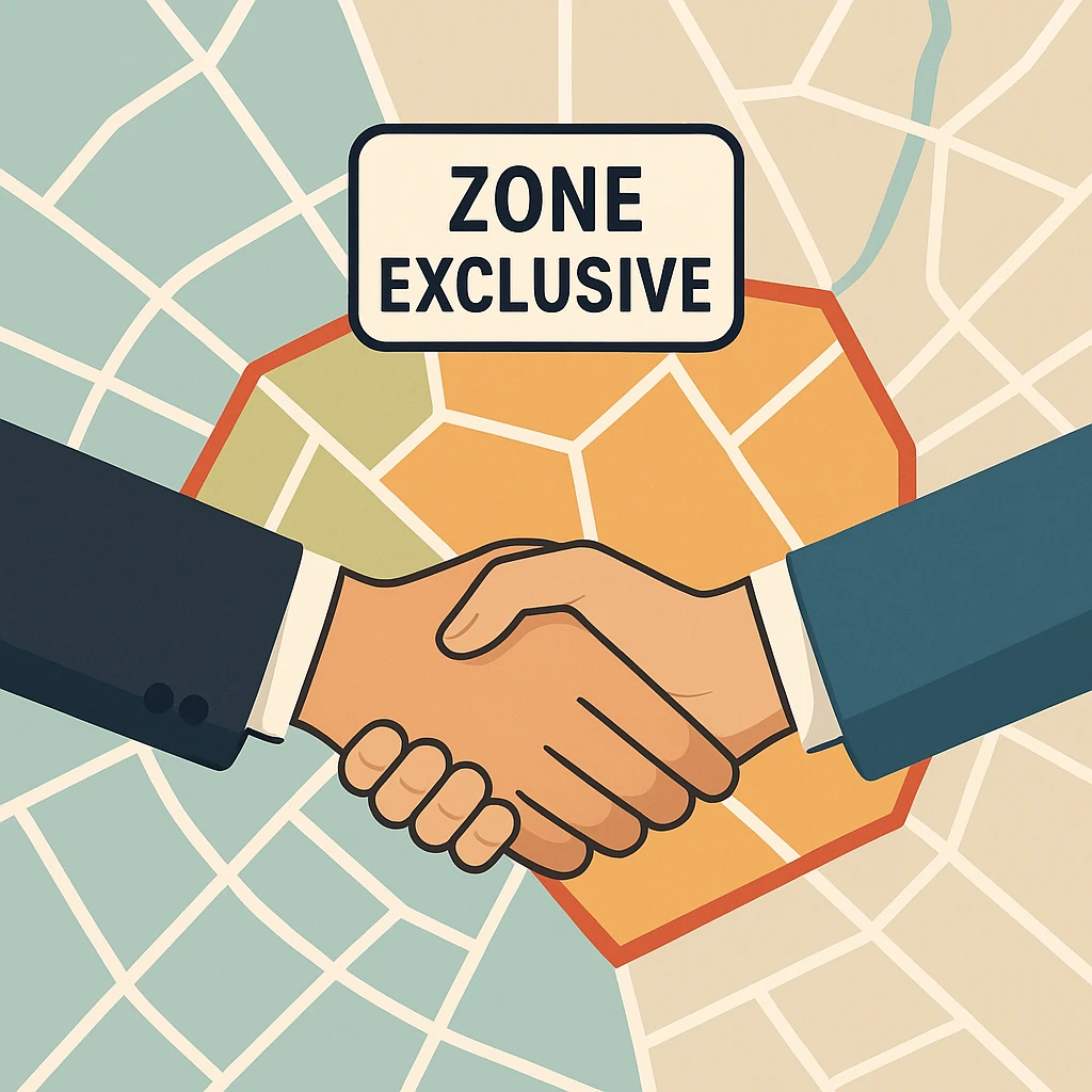 Illustration d’une poignée de main entre franchiseur et franchisé devant une carte colorée, représentant une exclusivité territoriale en franchise.